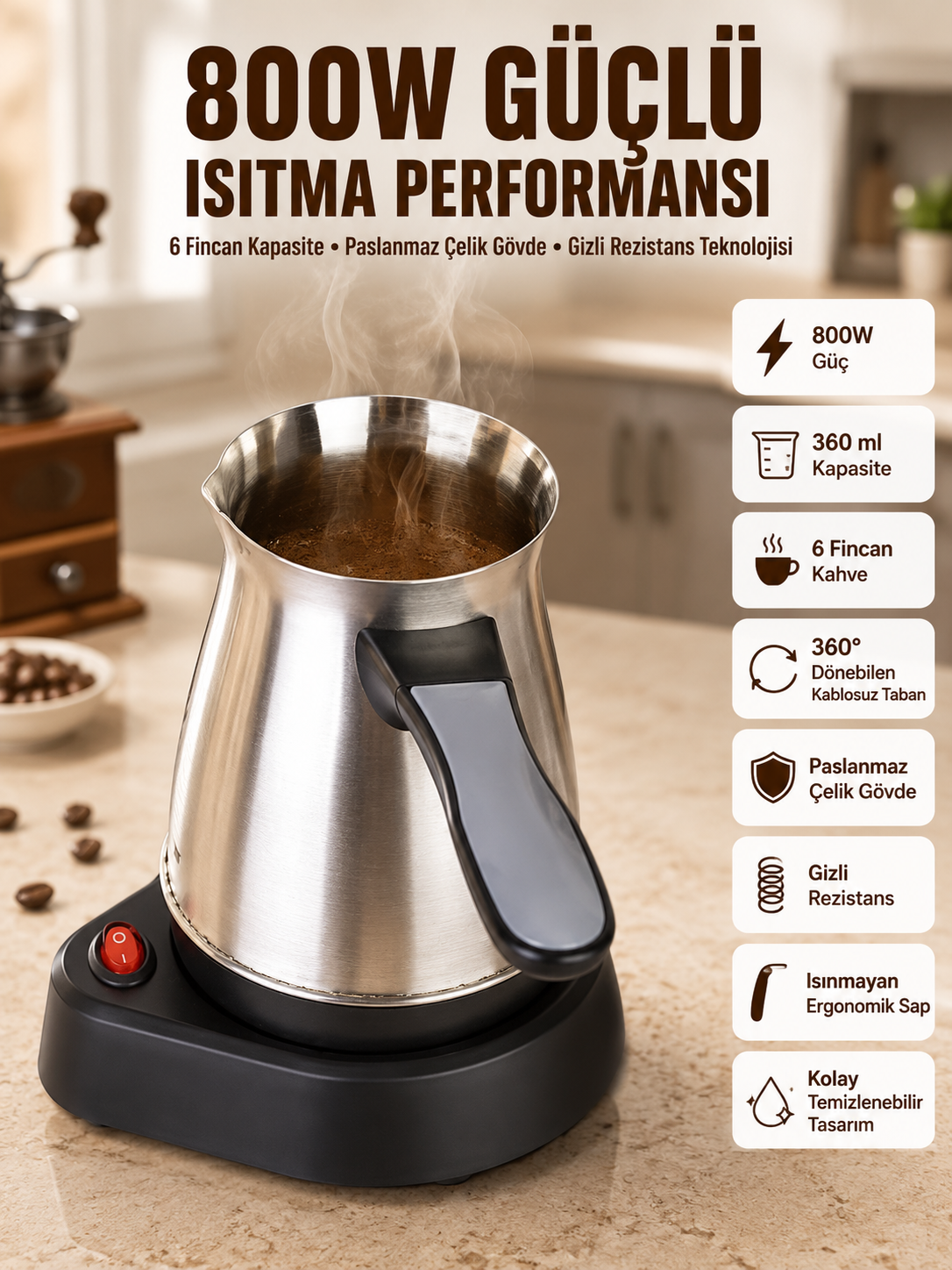 Yeni Nesil Türk Kahve Makinesi Cezvesi Siyah Gri Kablolu Pratik - Lisinya