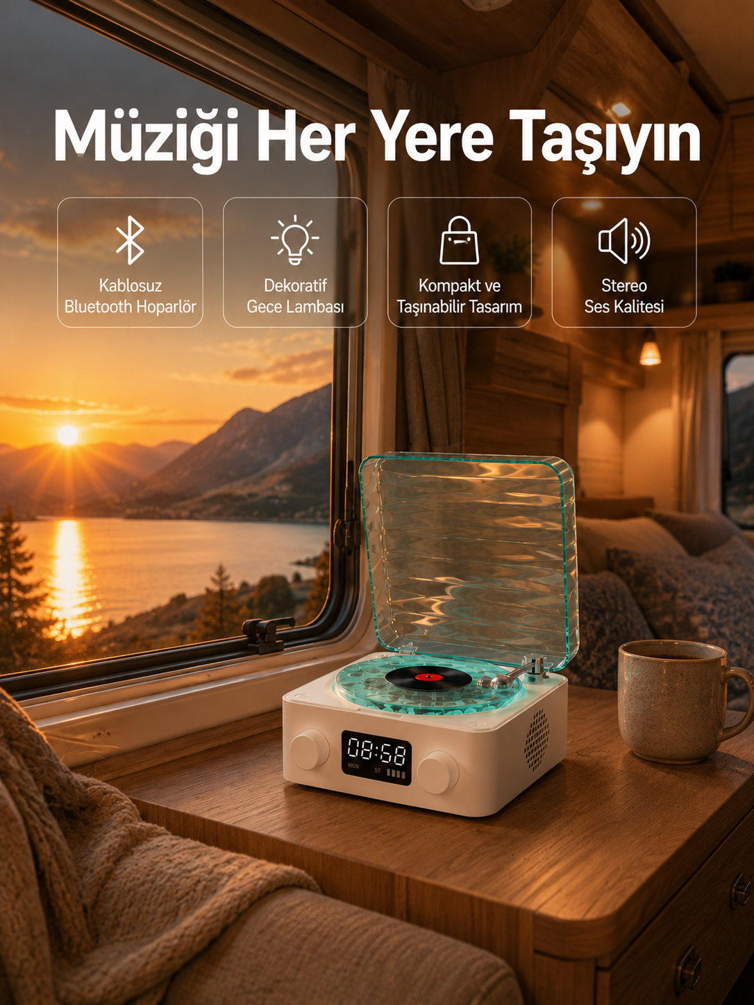 Retro Tasarımlı Gece Lambalı Bluetooth Hoparlör – Saat ve Pil Göstergeli - Lisinya