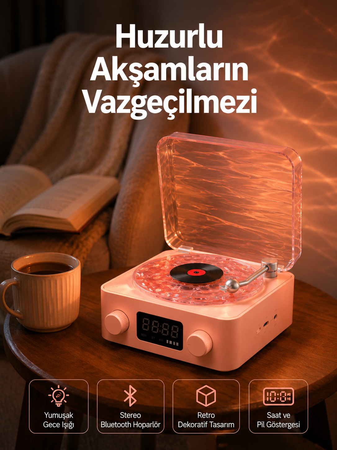 Vintage Tarz Bluetooth Hoparlör – Gece Işığı ve Zaman Göstergeli Yeni Nesil - Lisinya