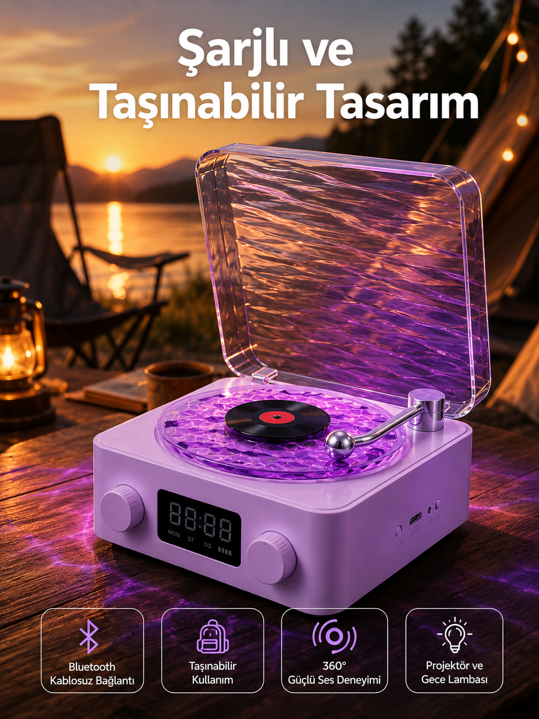 360° Sesli Kablosuz Hoparlör – Retro Tasarım ve Projektör Işığı - Lisinya