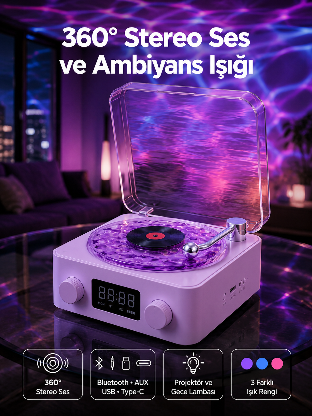 Retro Pikap Tasarımlı Bluetooth Hoparlör – Projektörlü Şarjlı Lamba - Lisinya