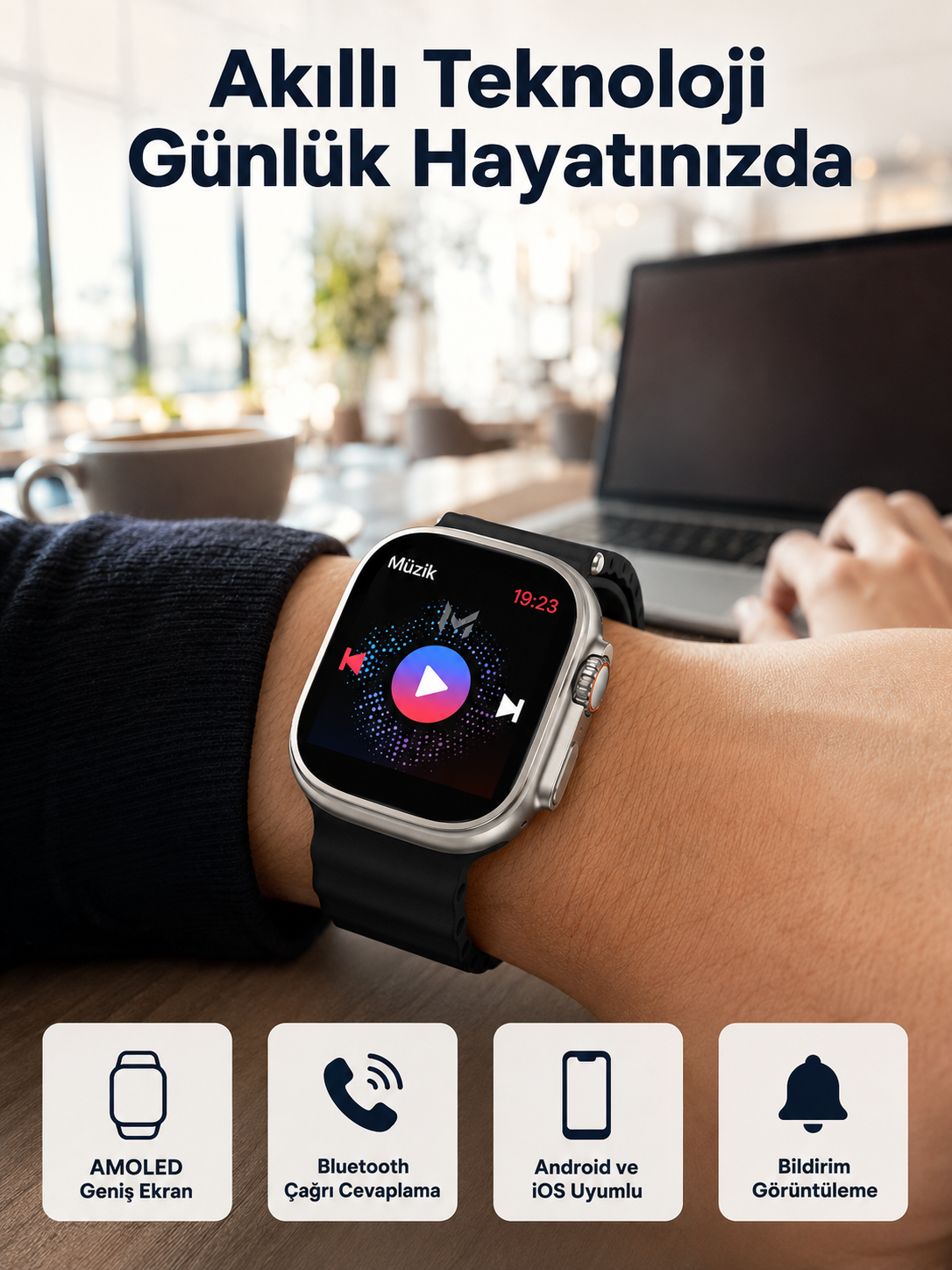 Akıllı Saat Kol Saati Android ve İOS Uyumlu Nabız Ölçer Sesli Asistan - Lisinya