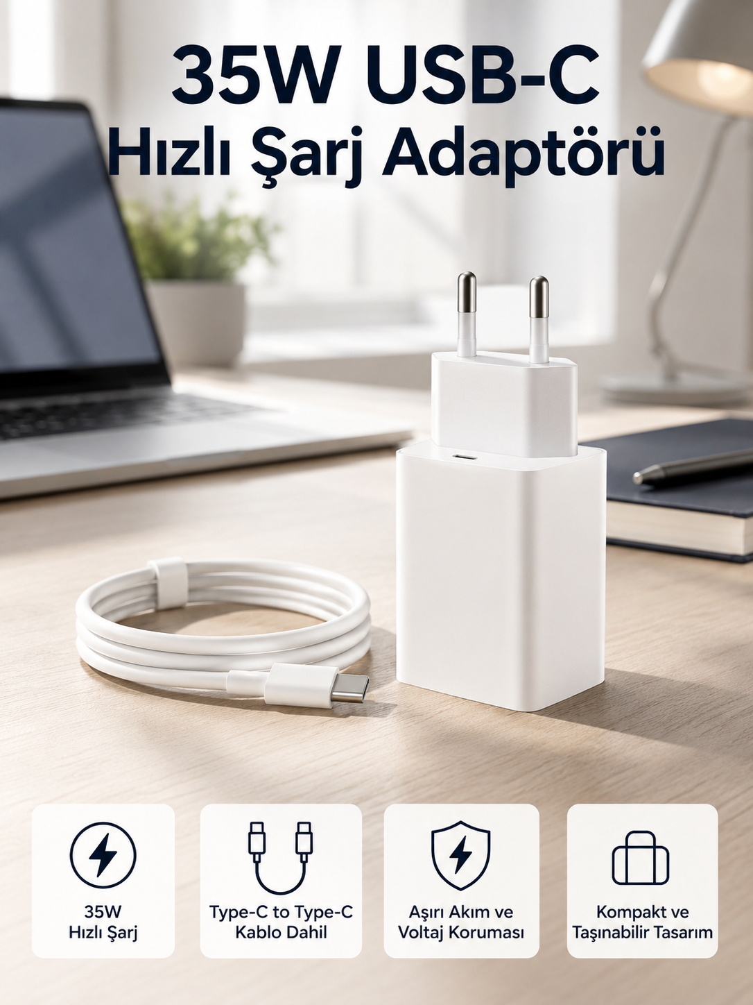 35W USB-C Hızlı Şarj Adaptörü Type-C to C Kablo Seti - Lisinya