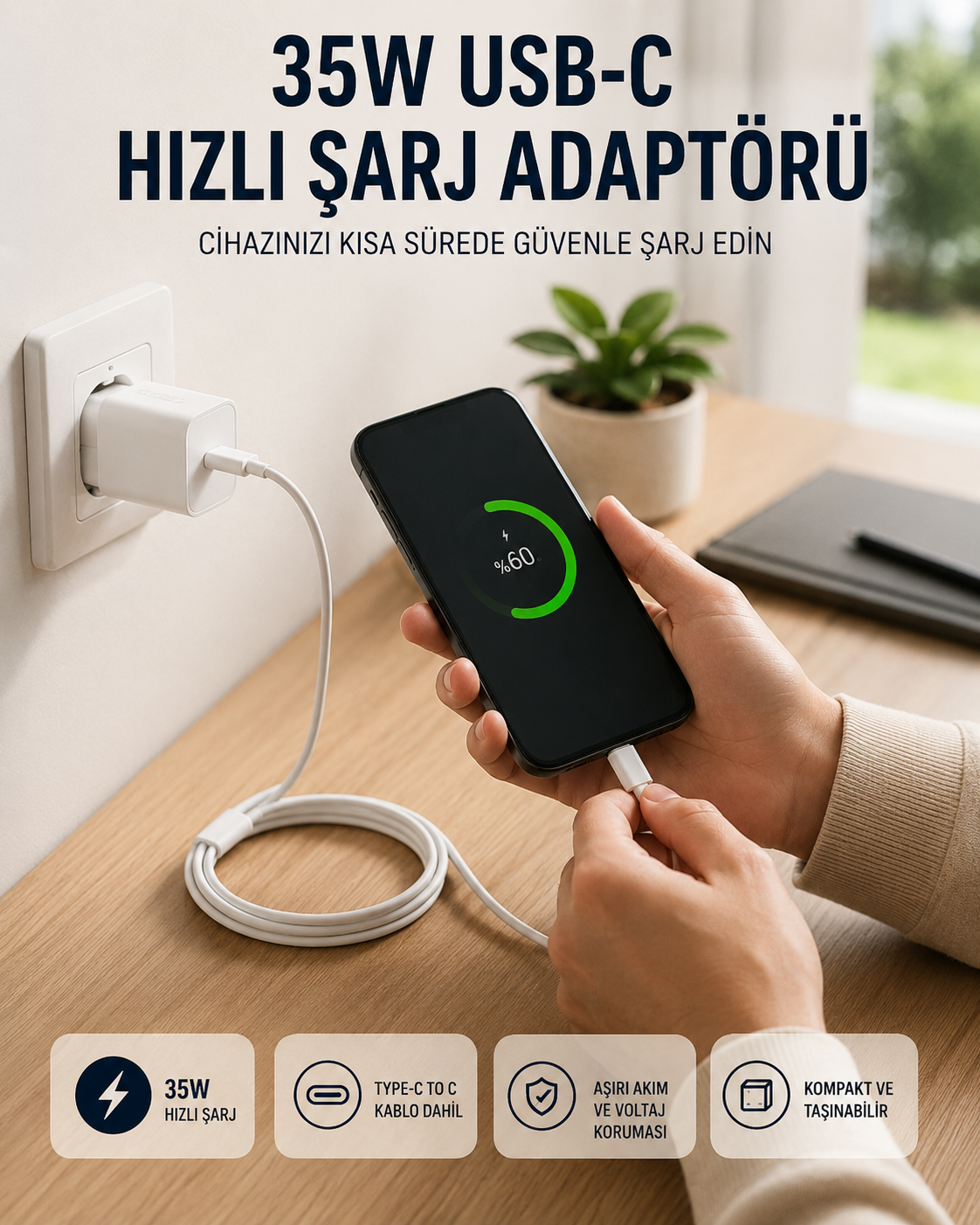 Type-C to C Kablolu 35W Hızlı Şarj Başlığı Set - Lisinya
