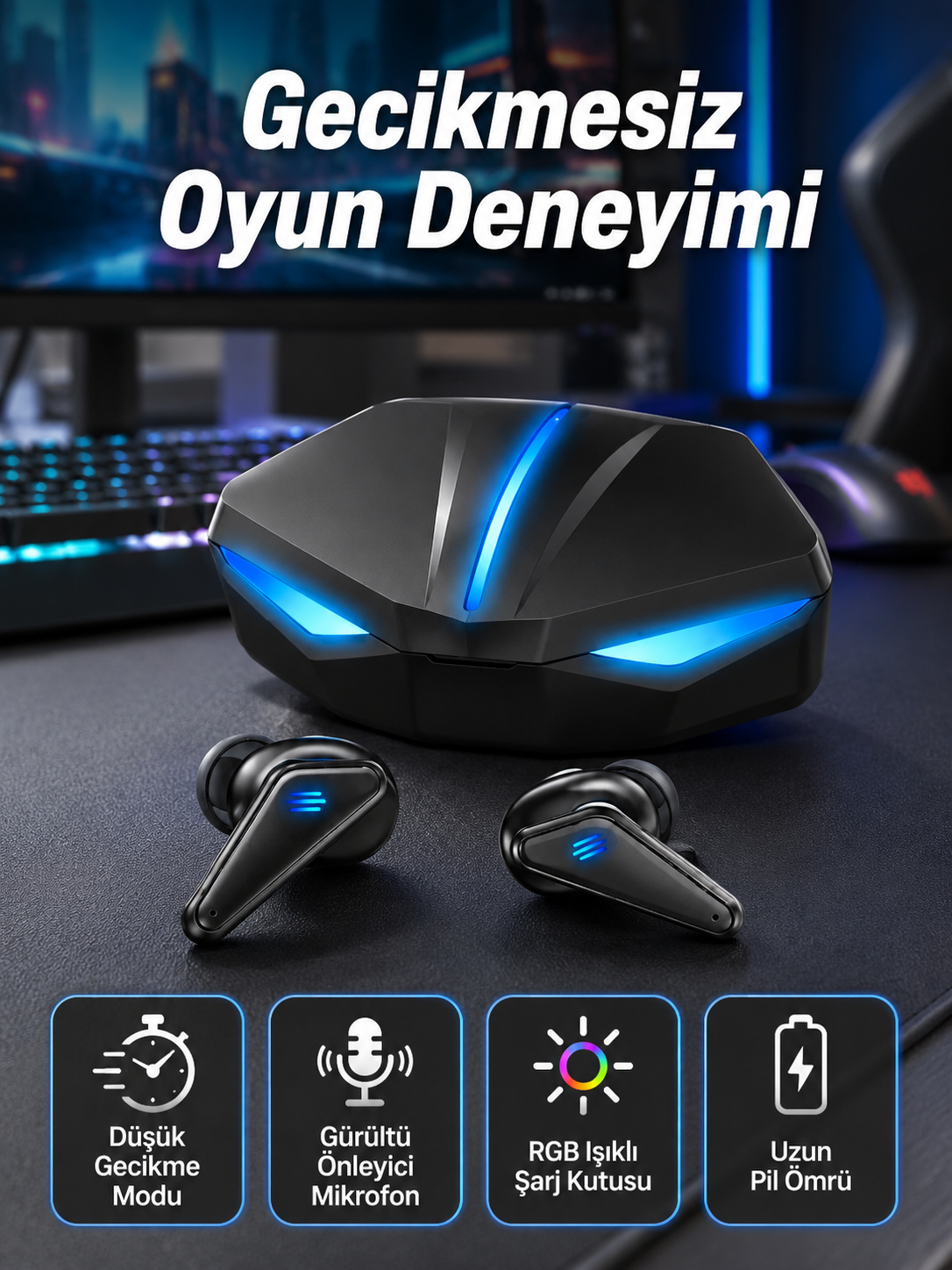 Bluetooth Kulaklık Oyuncu Kulaklığı RGB Işıklı Oyunlarda Düşük Gecikme - Lisinya