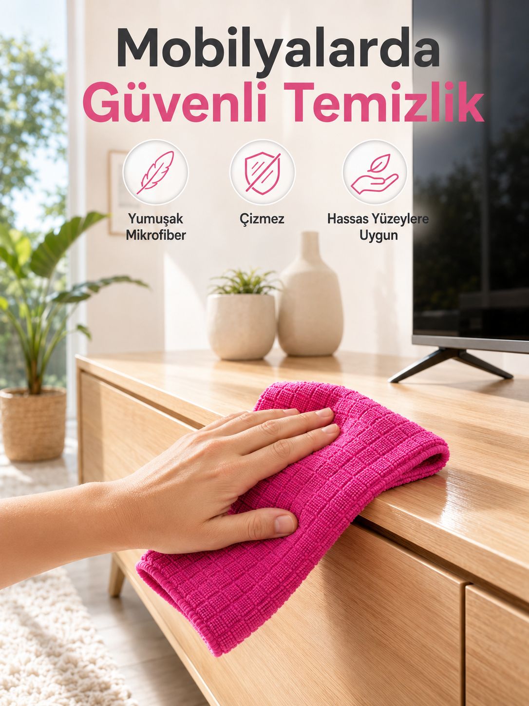 Çok Amaçlı Pembe Mikrofiber Bez Çizmeden Etkili Yüzey Temizliği - Lisinya