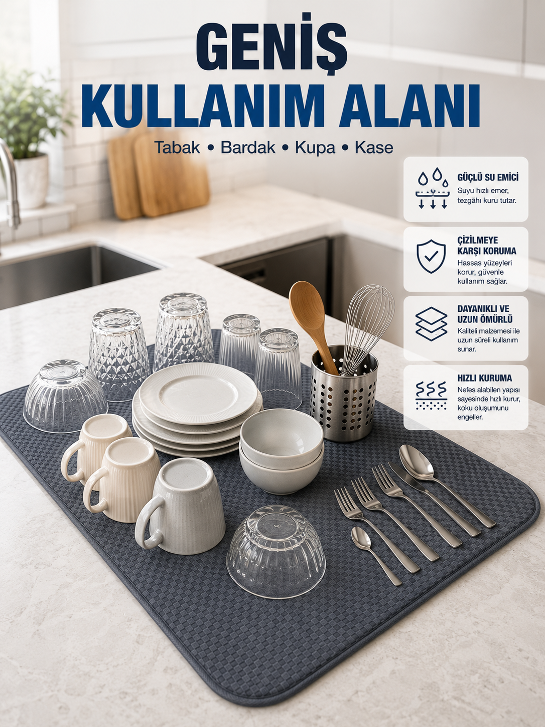 Mikrofiber Bulaşık Kurutma Matı Yüksek Su Emici Mutfak Kurutma Örtüsü - Lisinya