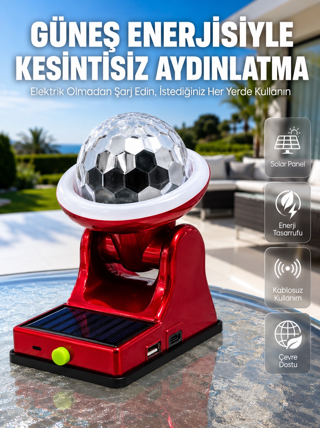 Şarjlı RGB Projektör Lamba Güneş Enerjili Çok Fonksiyonlu Disco Işık Lambası - Lisinya