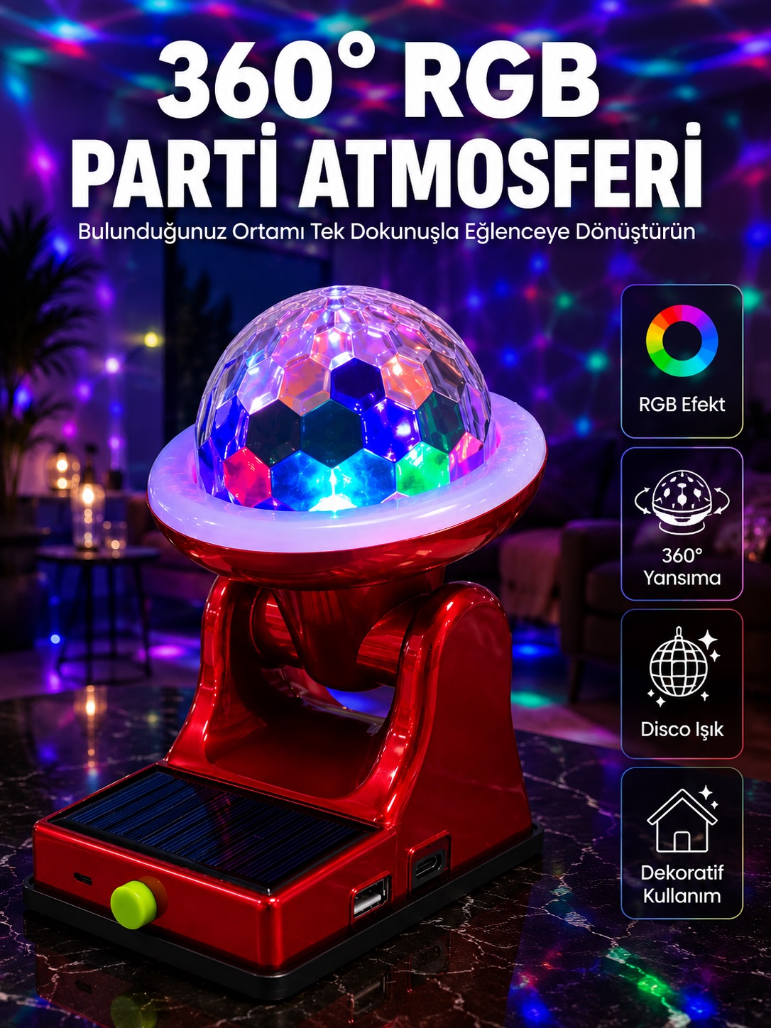 360° RGB LED Disco Işığı Ayarlanabilir Başlıklı Güneş Enerjili Projektör Lamba - Lisinya