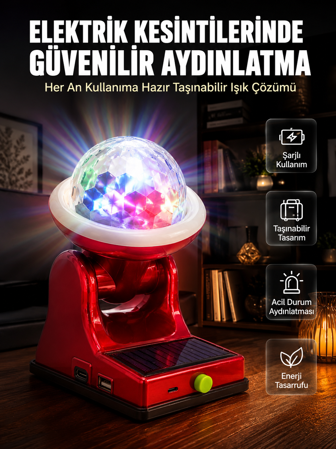 Çok Amaçlı Şarjlı LED Projektör Lamba Solar Enerjili RGB Ambiyans ve Parti Işığı - Lisinya