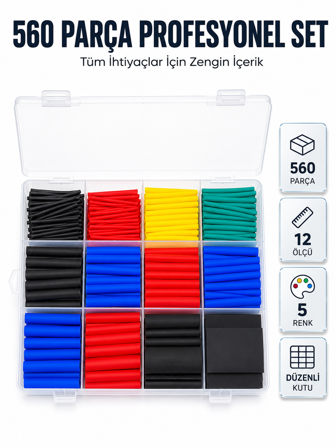 560 Parça Kablo İzolasyon Makaron Seti 12 Ölçü 5 Renk Heat Shrink Tube Organizer Kutulu - Lisinya