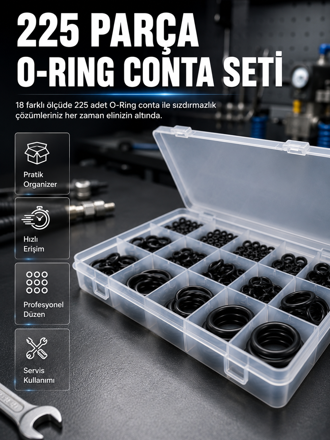 225 Parça O-Ring Conta Seti 18 Farklı Ölçü Kauçuk Sızdırmazlık Conta Organizer Kutulu - Lisinya