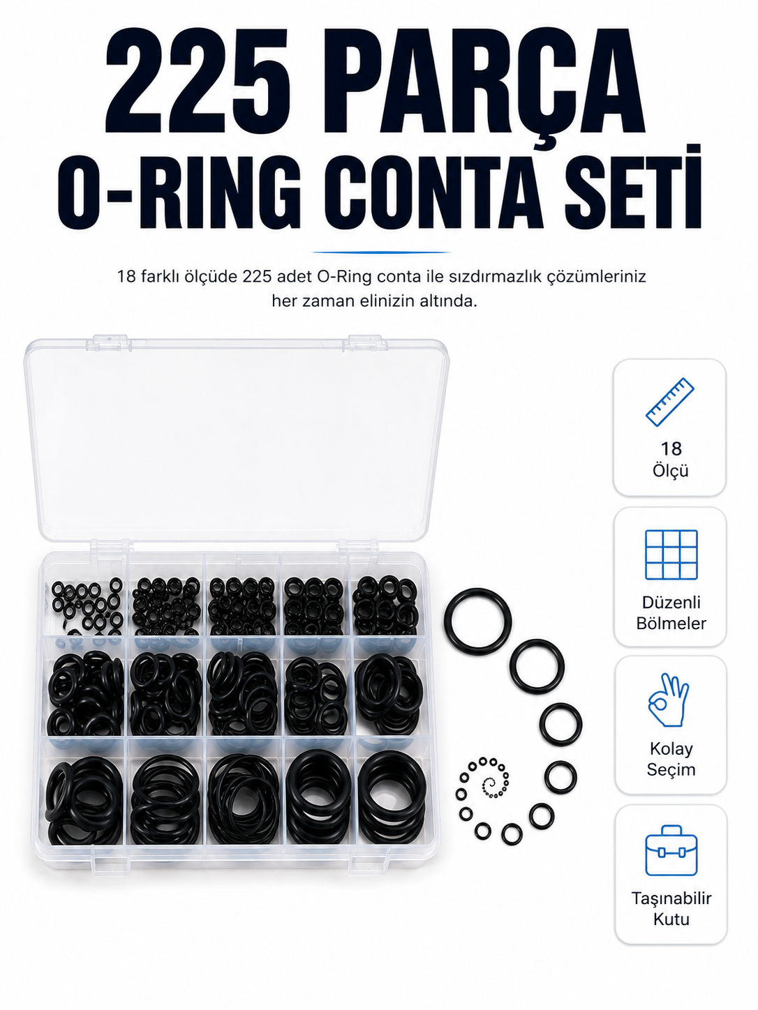 225 Parça Profesyonel O-Ring Conta Kiti Su, Yağ ve Hava Sızdırmazlık Tamir Seti - Lisinya