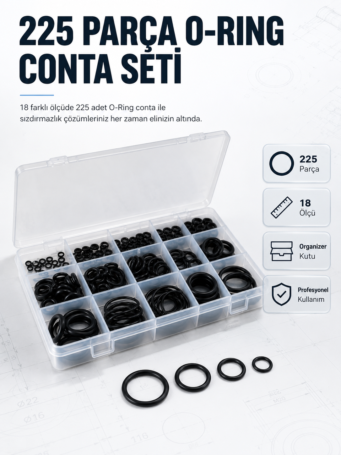 225 PCS O-Ring Conta Seti Profesyonel Tamir, Bakım ve Sızdırmazlık Çözümü - Lisinya