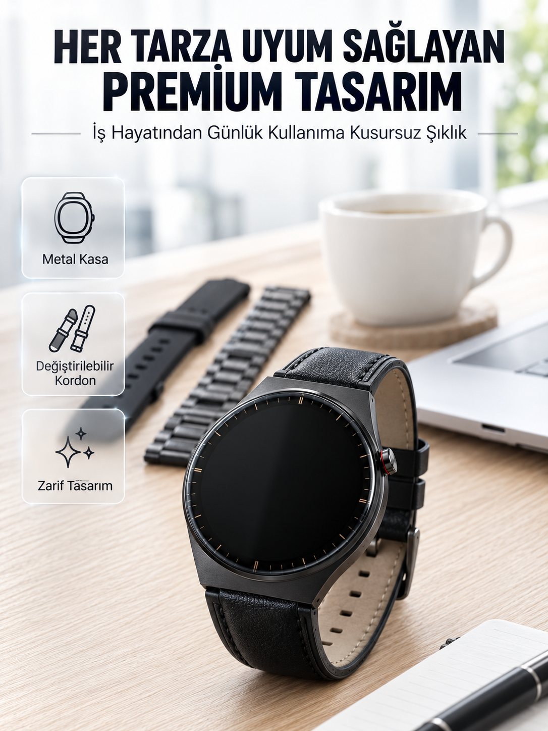 3 Kordonlu AMOLED Ekran Bluetooth Aramalı Akıllı Saat Metal, Deri ve Silikon Kordon Seti - Lisinya