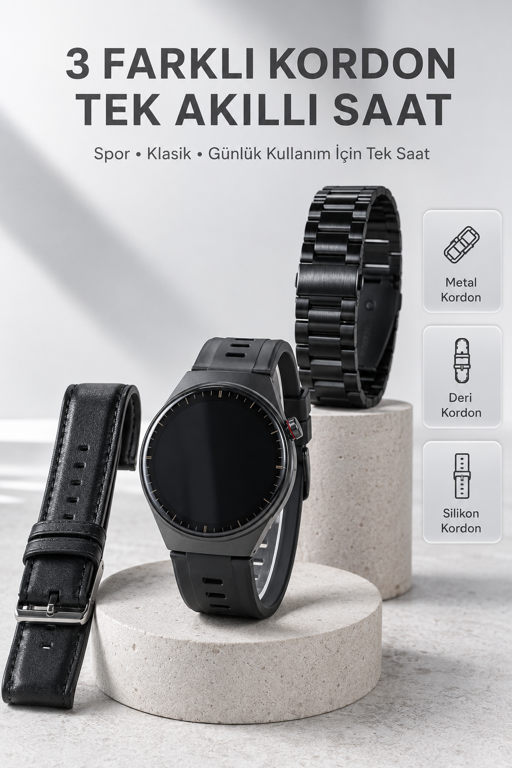 Yeni Nesil Akıllı Saat Bluetooth Görüşme, Sağlık Takibi, AMOLED Ekran ve 3 Kordon Seti - Lisinya