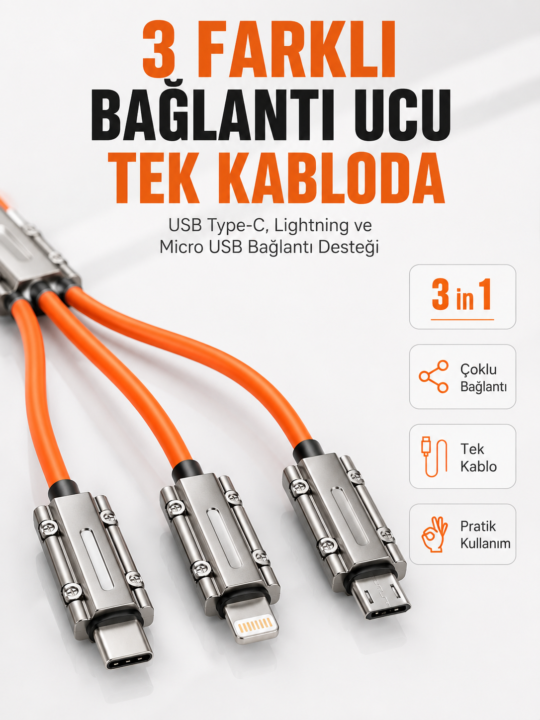 Çinko Alaşımlı Metal Konnektörlü Dayanıklı 6A Hızlı Şarj Kablosu - Lisinya