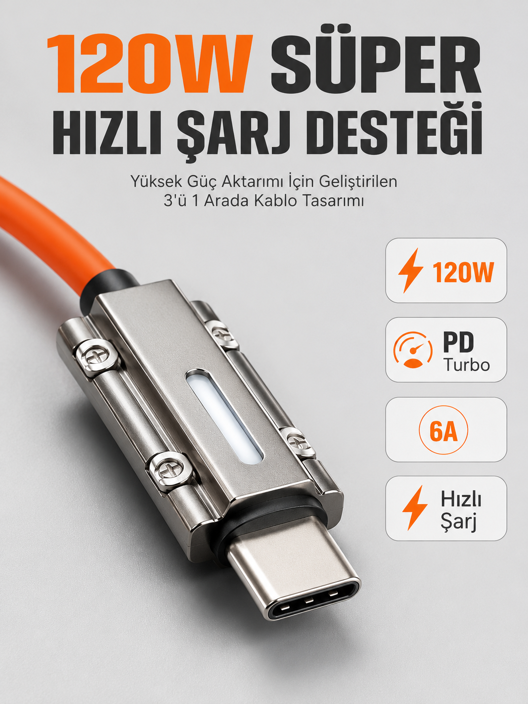 LED Göstergeli 120W PD Turbo Destekli Premium 3'ü 1 Arada Şarj Kablosu - Lisinya