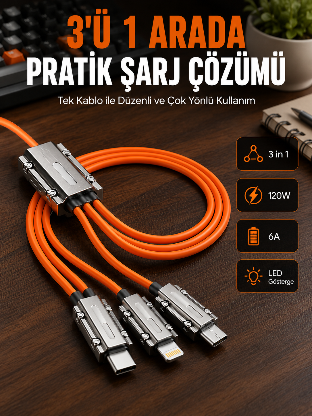 Yüksek Güç Aktarımı Sunan 6A Destekli Çoklu Bağlantı Şarj ve Veri Kablosu - Lisinya Yüksek Güç Aktarımı Sunan 6A Destekli Çoklu Bağlantı Şarj ve Veri Kablosu - Lisinya
