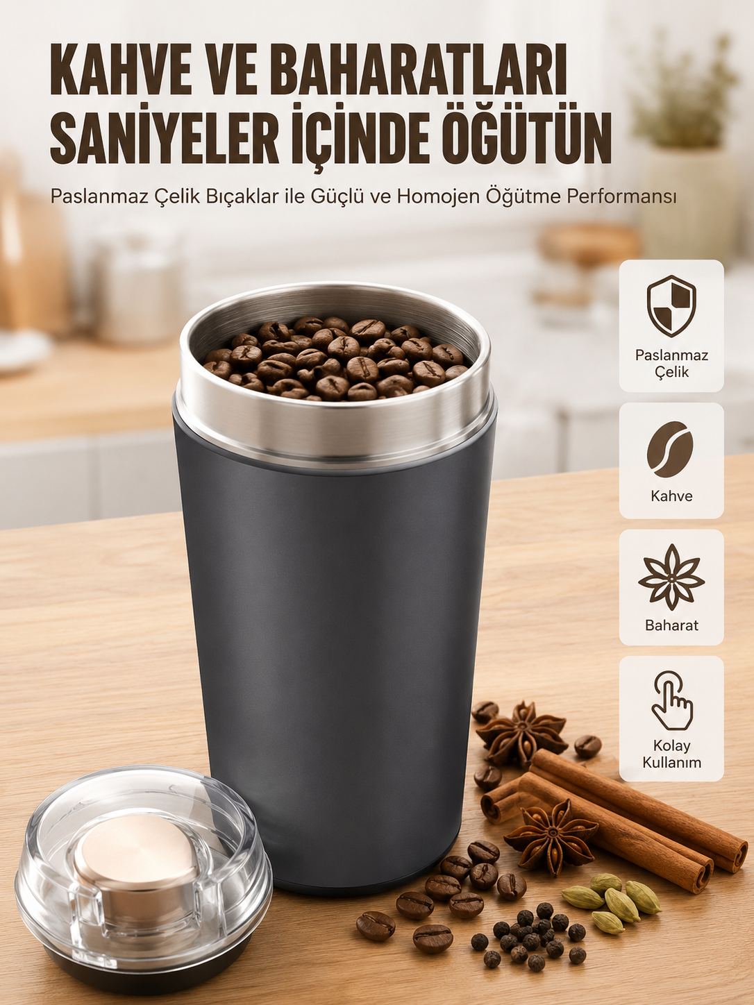 Yeni Nesil Kahve ve Baharat Öğütücü Paslanmaz Çelik Kahve Değirmeni - Lisinya