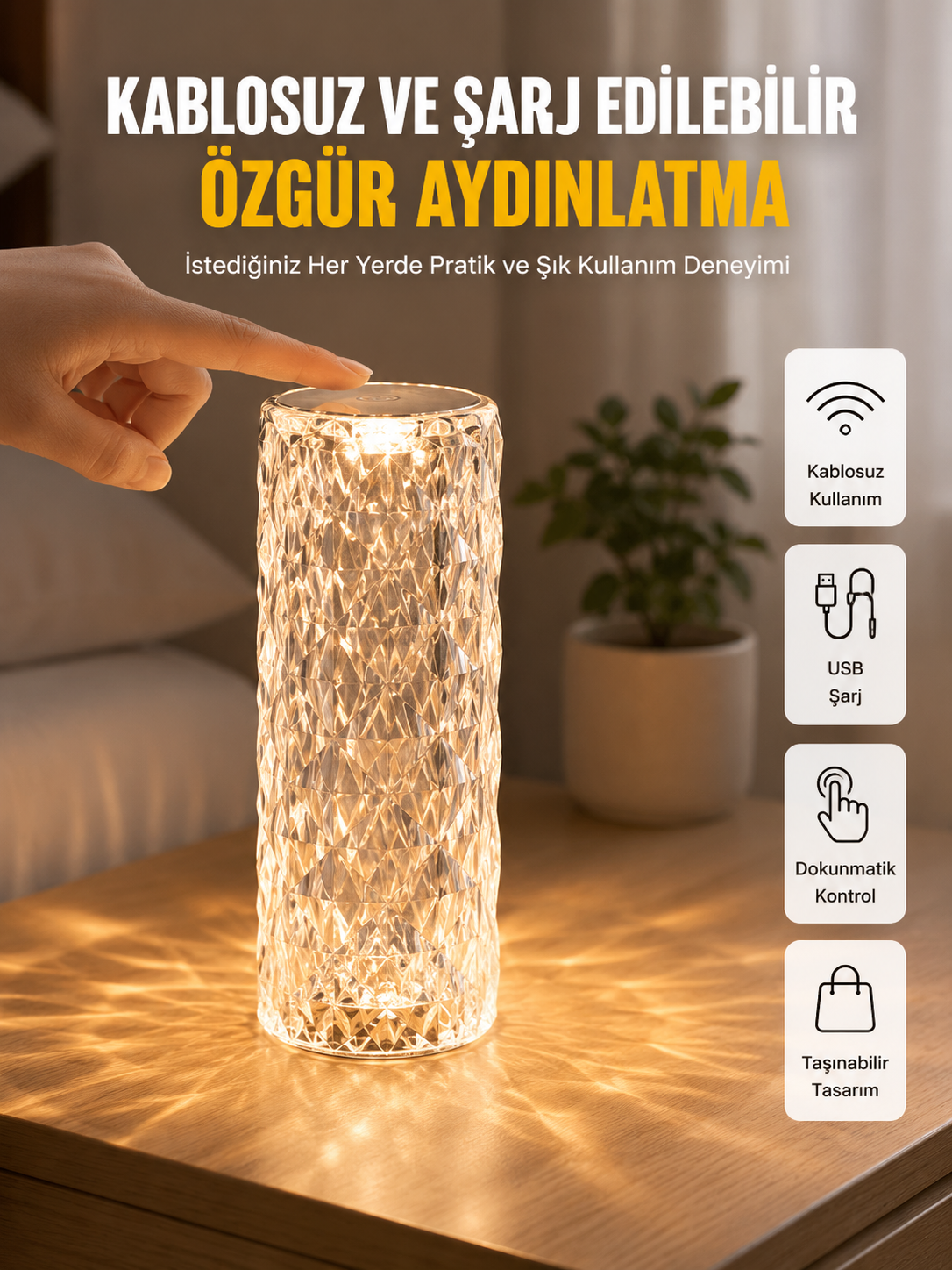 Yeni Nesil Modern Kristal Masa ve Gece Lambası Dokunmatik Renk Değiştirebilen - Lisinya