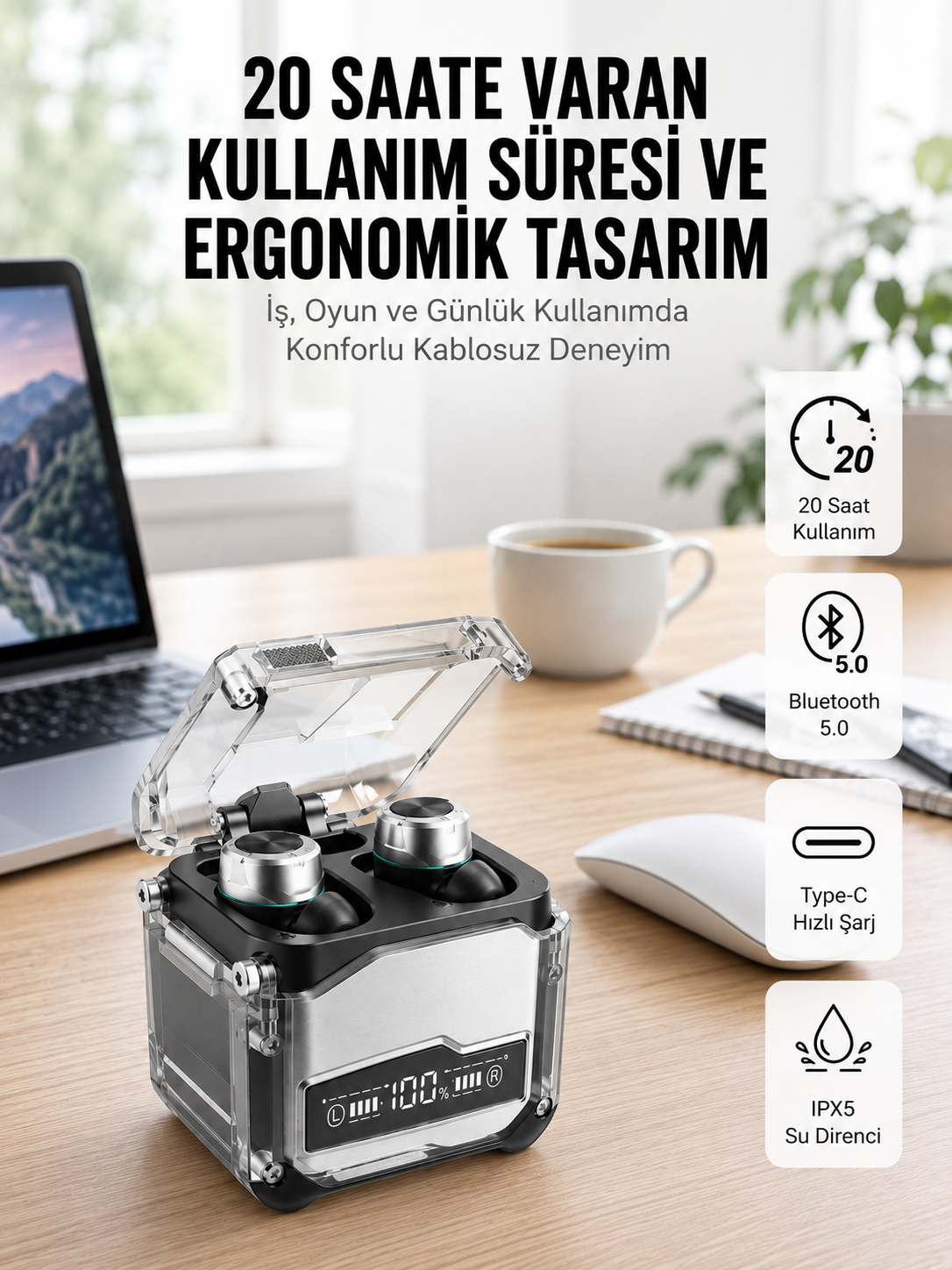 Bluetooth Kulaklık Dokunmatik Kontrol Tws kablosuz kulaklık Hi-fi Stereo - Lisinya