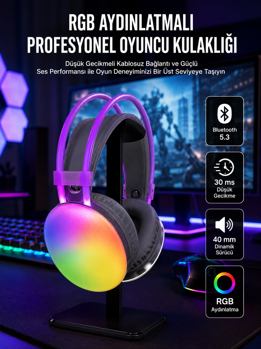 RGB Işıklı Yüksek Ses Kaliteli Kablosuz Kulak Üstü Bluetooth Kulaklık - Lisinya RGB Işıklı Yüksek Ses Kaliteli Kablosuz Kulak Üstü Bluetooth Kulaklık - Lisinya