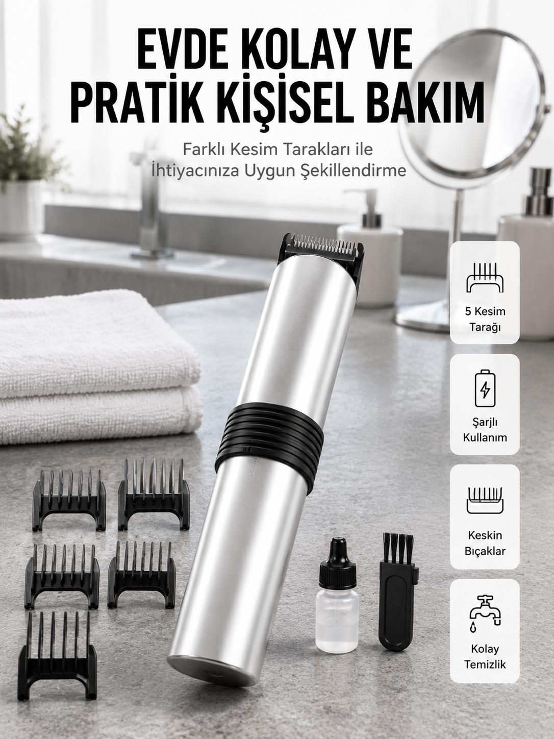 Yeni Nesil Profesyonel Şarjlı Saç Sakal Tıraş Makinesi Ayarlanabilir 4 Taraklı - Lisinya