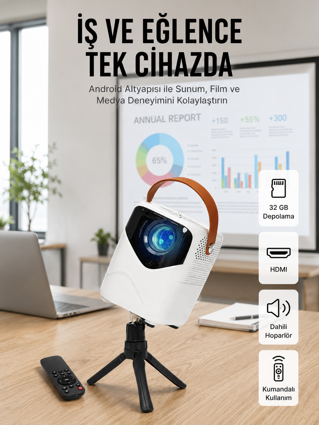 Projeksiyon Ev Sineması Bluetooth 4k HD Kaliteli Görüntü Kumandalı - Lisinya
