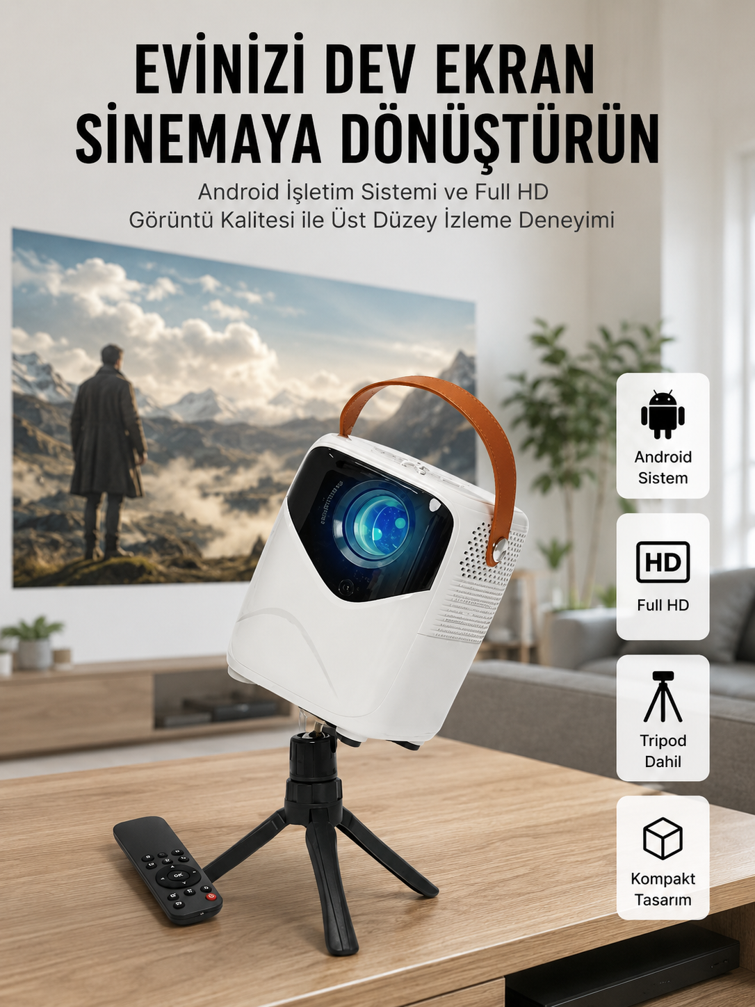 HD Ayaklı Portatif Projeksiyon Cihazı Bluetooth Wifi Akıllı Android İşlemcili - Lisinya
