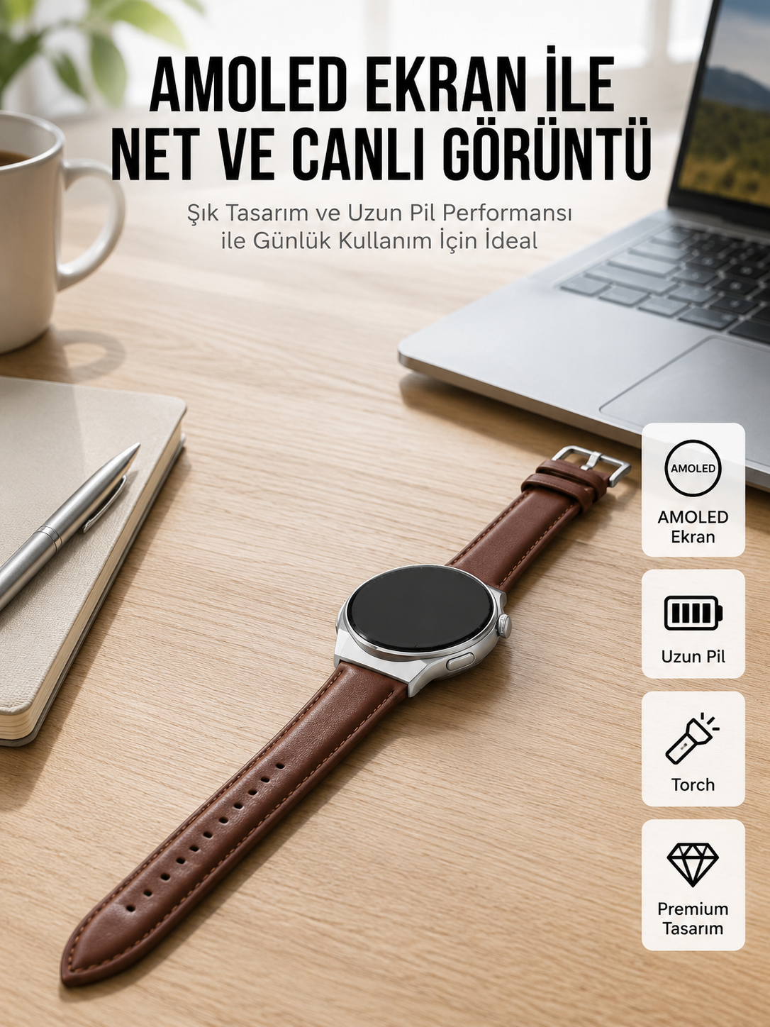 Torch Özellikli AMOLED Ekranlı Akıllı Saat Uzun Pil Yeni Nesil - Lisinya