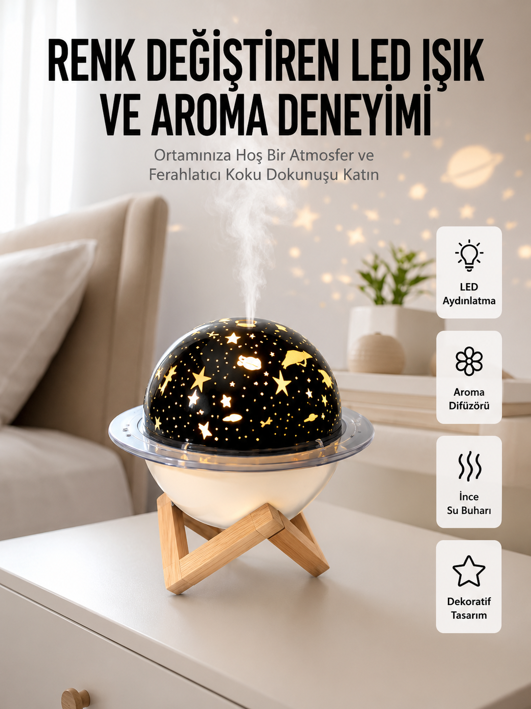 Hava Nemlendirici Led Işıklı Gece Lambası Yıldız Görünümlü Renk Değiştiren - Lisinya Hava Nemlendirici Led Işıklı Gece Lambası Yıldız Görünümlü Renk Değiştiren - Lisinya