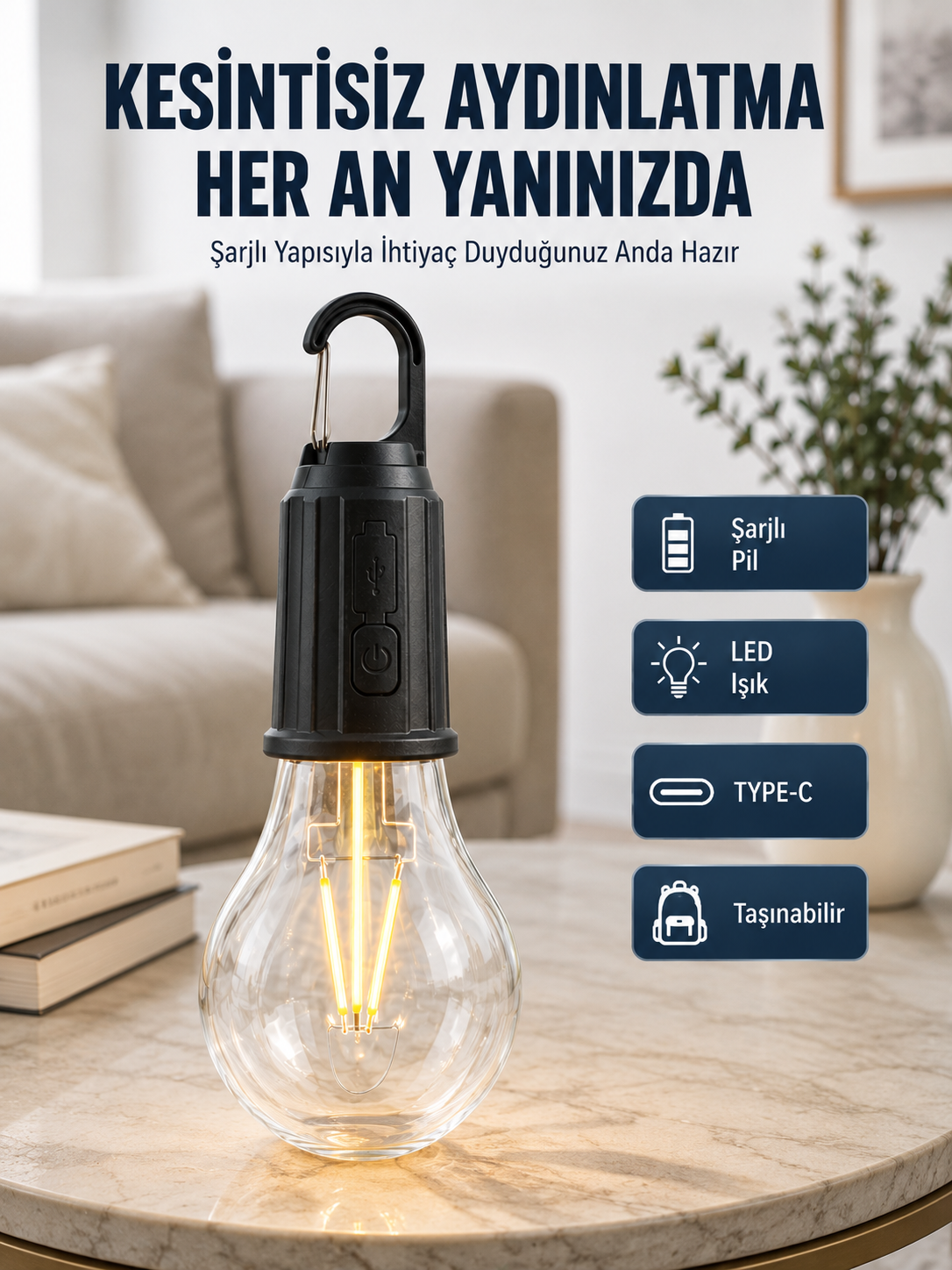 3 Farklı Mod LED'li Şarjlı Asma Kancalı Kamp Lambası Taşınabilir Ampul - Lisinya 3 Farklı Mod LED'li Şarjlı Asma Kancalı Kamp Lambası Taşınabilir Ampul - Lisinya