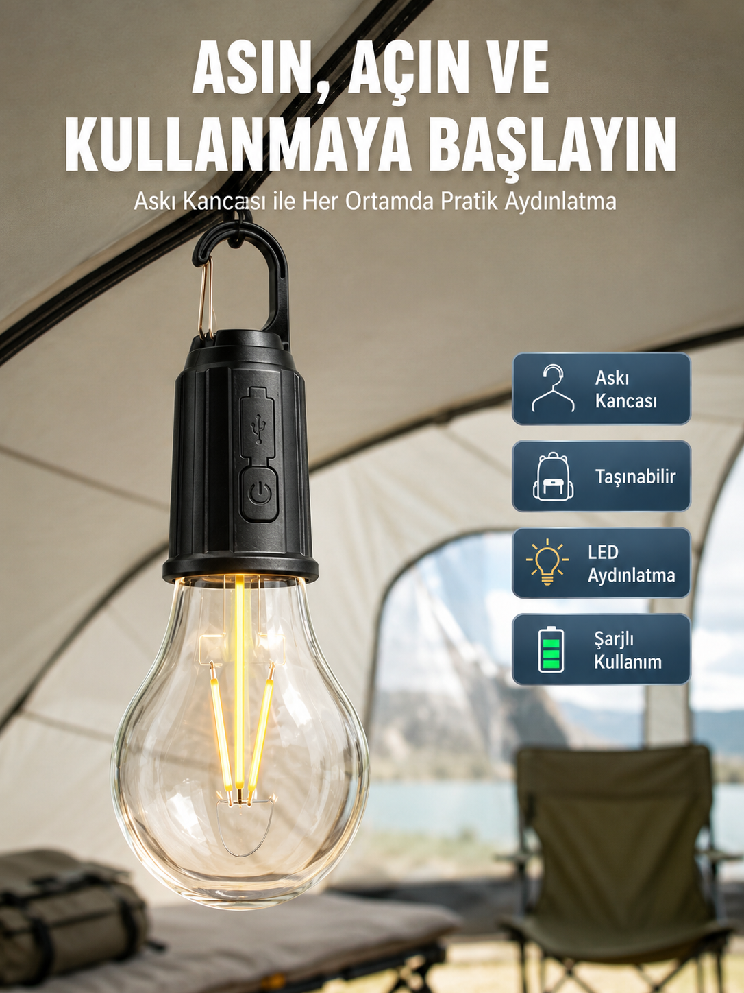Taşınabilir Şarjlı Led Ampul Askılı Lamba Kamp Bahçe Lambası - Lisinya Taşınabilir Şarjlı Led Ampul Askılı Lamba Kamp Bahçe Lambası - Lisinya