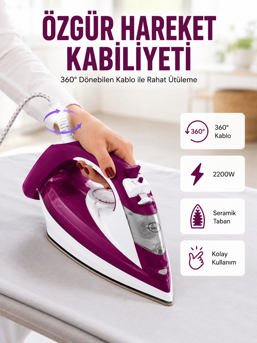 2200W Seramik Kaplama Estetik Tasarımı 360 Derece Dönebilir Kablosu Yeni Nesil - Lisinya 2200W Seramik Kaplama Estetik Tasarımı 360 Derece Dönebilir Kablosu Yeni Nesil - Lisinya
