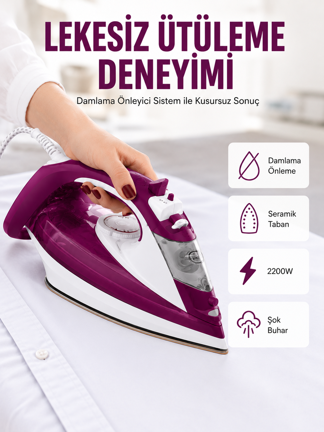 Yeni Nesil Kırmızı Buharlı Ütü 2200 Watt Seramik Tabanlı Yüksek Buhar Gücü Yeni Nesil - Lisinya