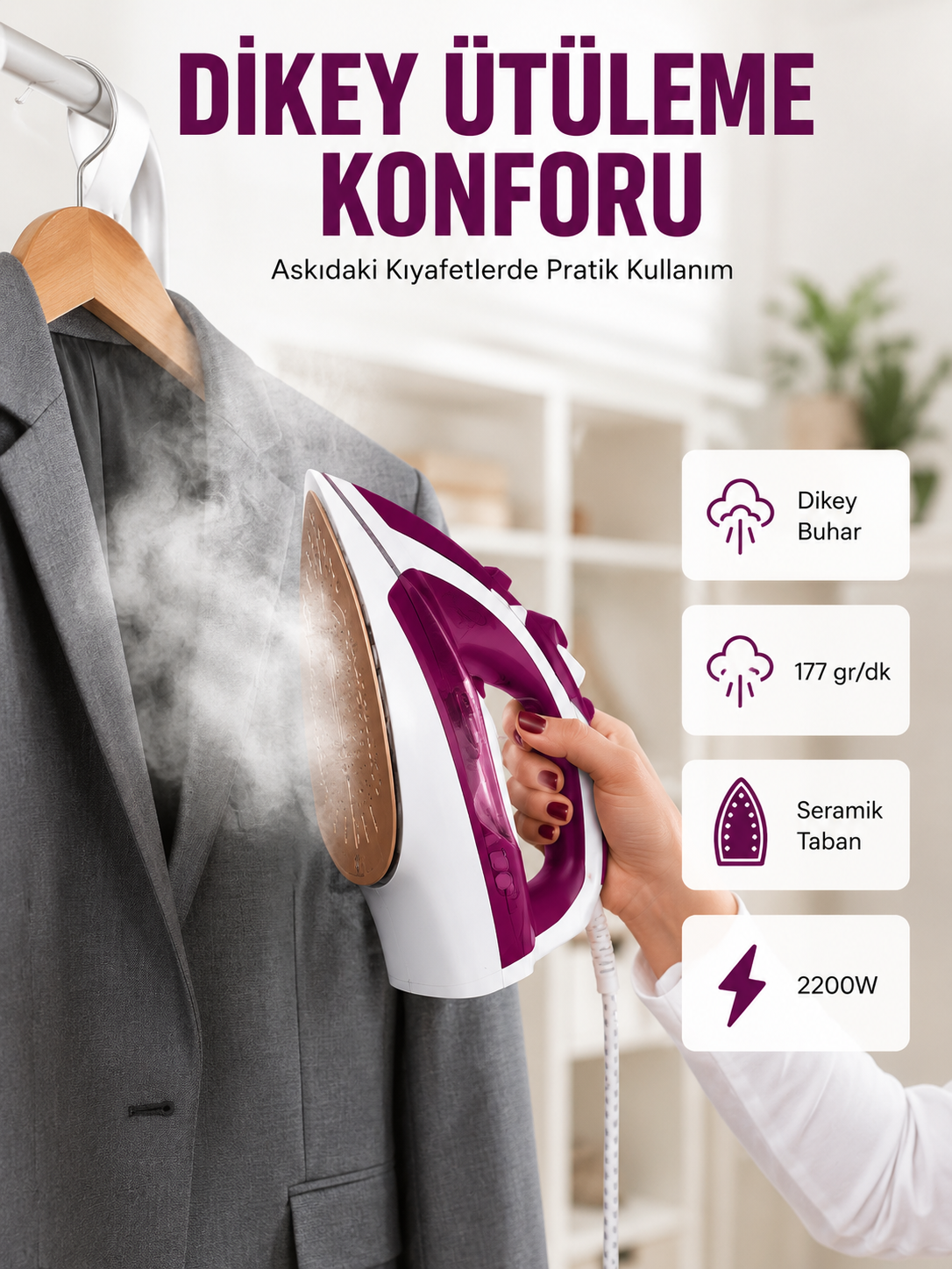 Modern Tasarım 2200W Dayanıklı Buharlı Seramik Kaplama Ütü Yeni Nesil - Lisinya Modern Tasarım 2200W Dayanıklı Buharlı Seramik Kaplama Ütü Yeni Nesil - Lisinya