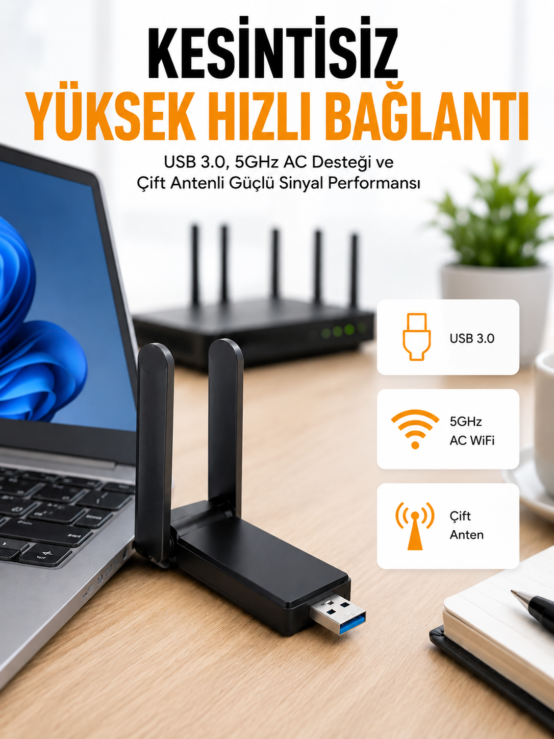 Mbps Wifi Alıcı Kablosuz Wifi Adaptörü Çift Band Çift Antenli Yeni Nesil - Lisinya