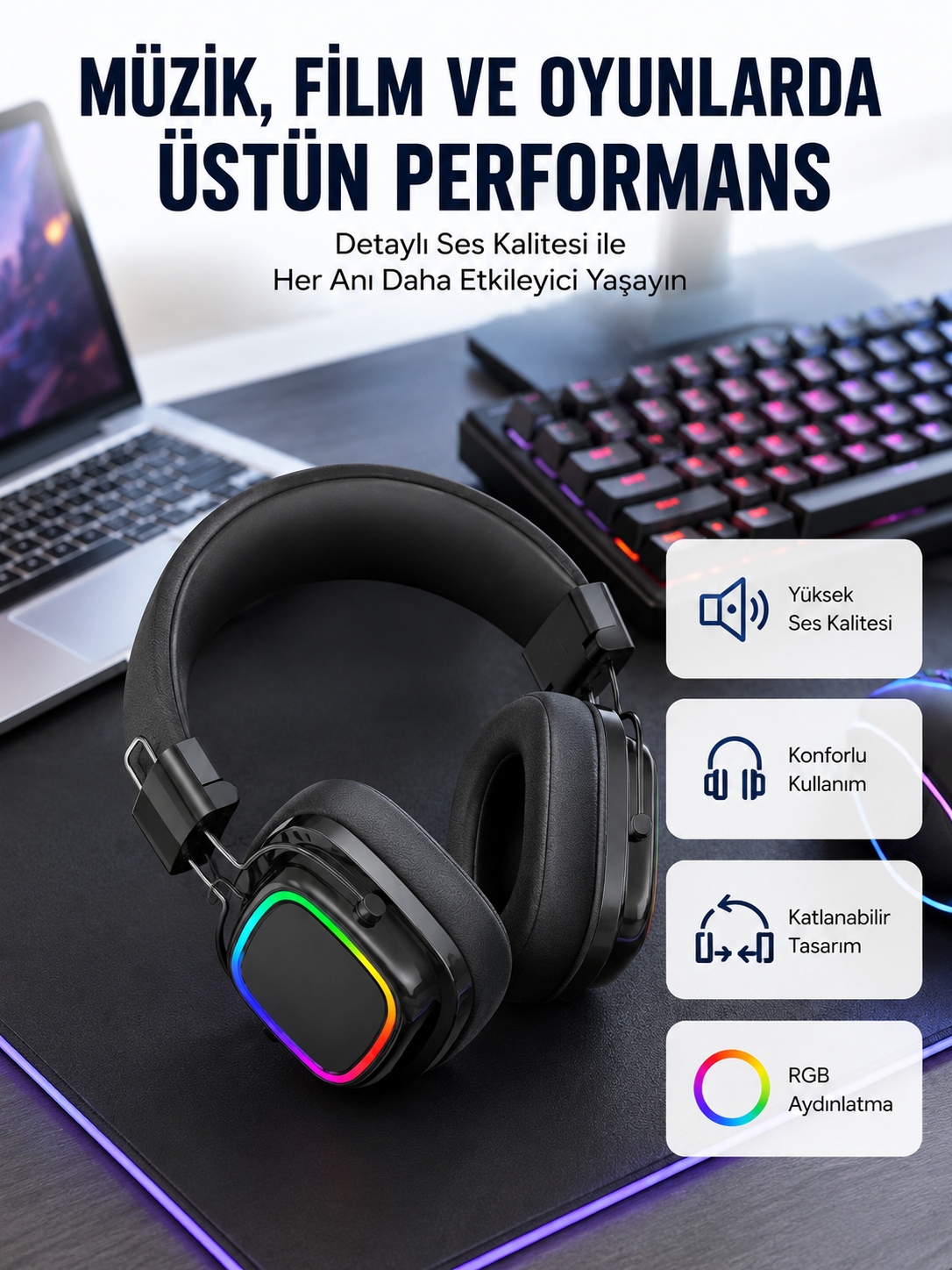 RGB Işıklı Katlanabilir Bluetooth 5.3 Kulak Üstü Kulaklık - Lisinya