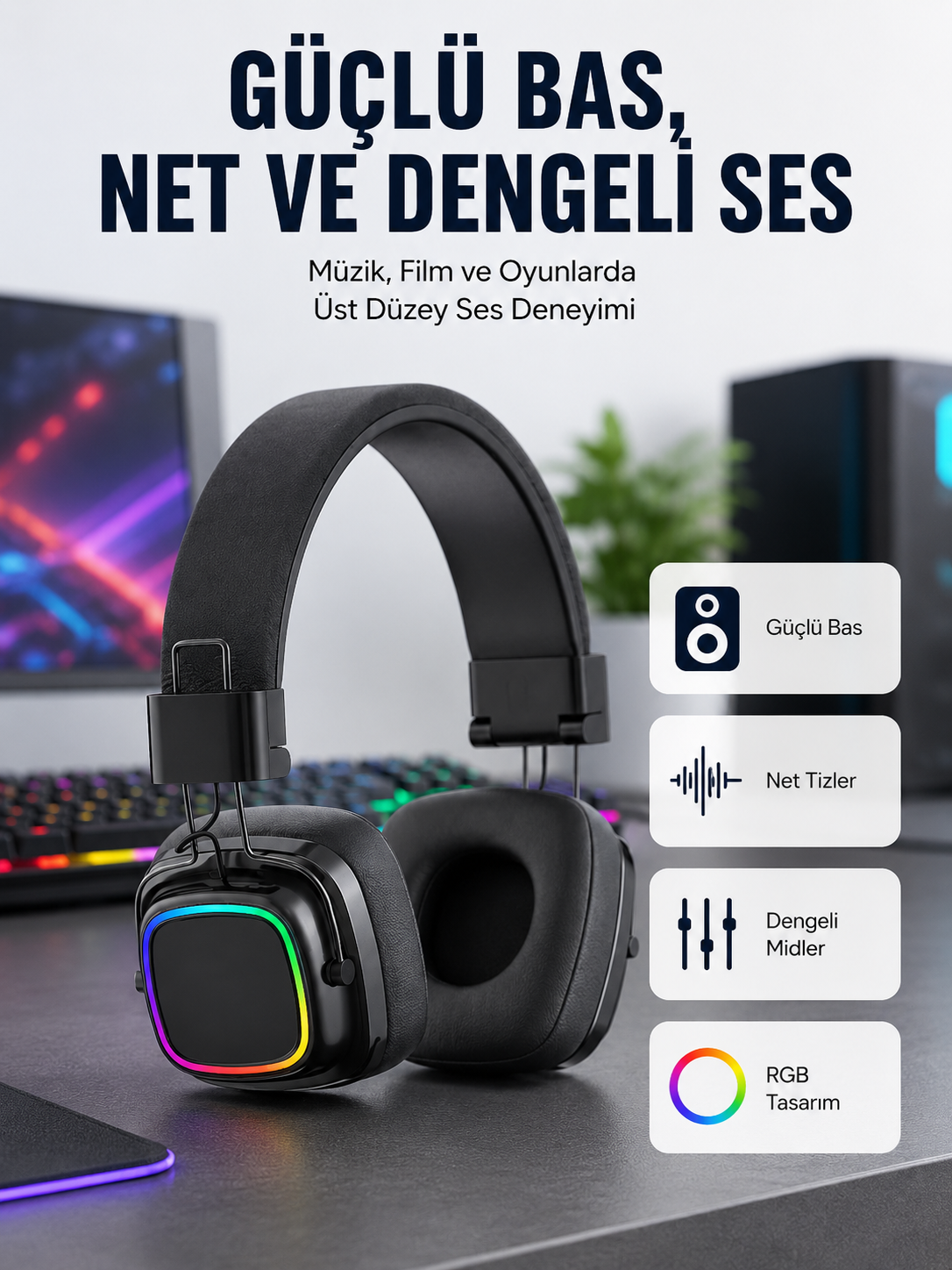 Yüksek Ses Kaliteli Kablosuz Kulak Üstü Kulaklık – BT 5.3 - Lisinya
