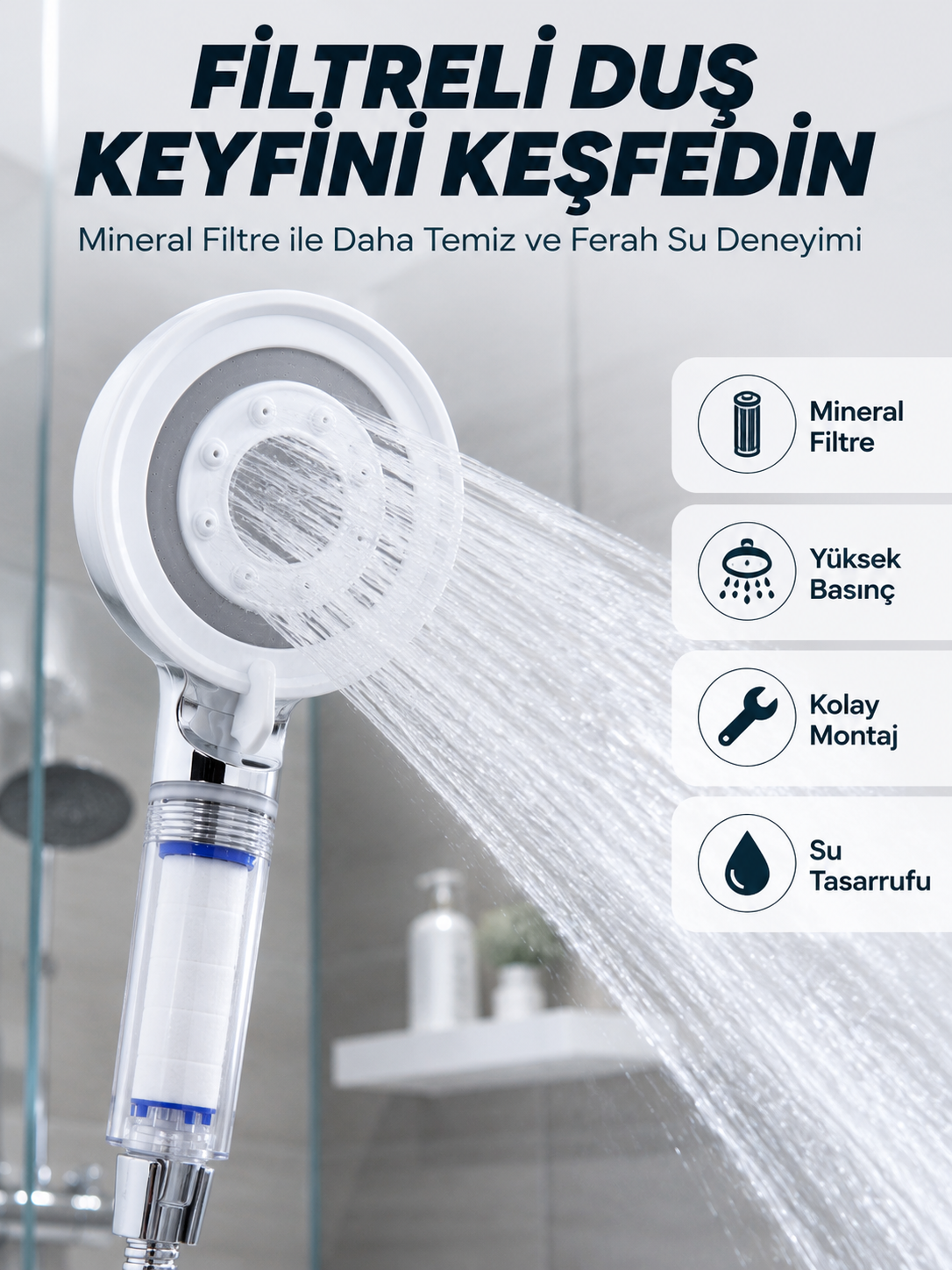 Şeffaf Filtre Hazneli Duş Başlığı Güçlü Akışlı Pratik Banyo Duşu - Lisinya