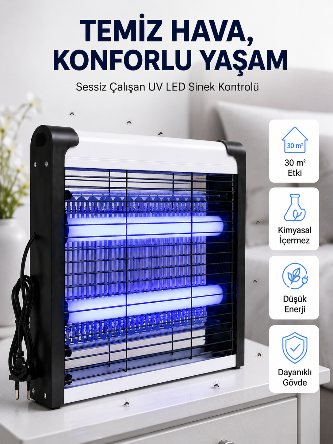 Elektrikli UV LED Sinek Öldürücü Sessiz Çalışan Etkili Böcek Tuzağı - Lisinya