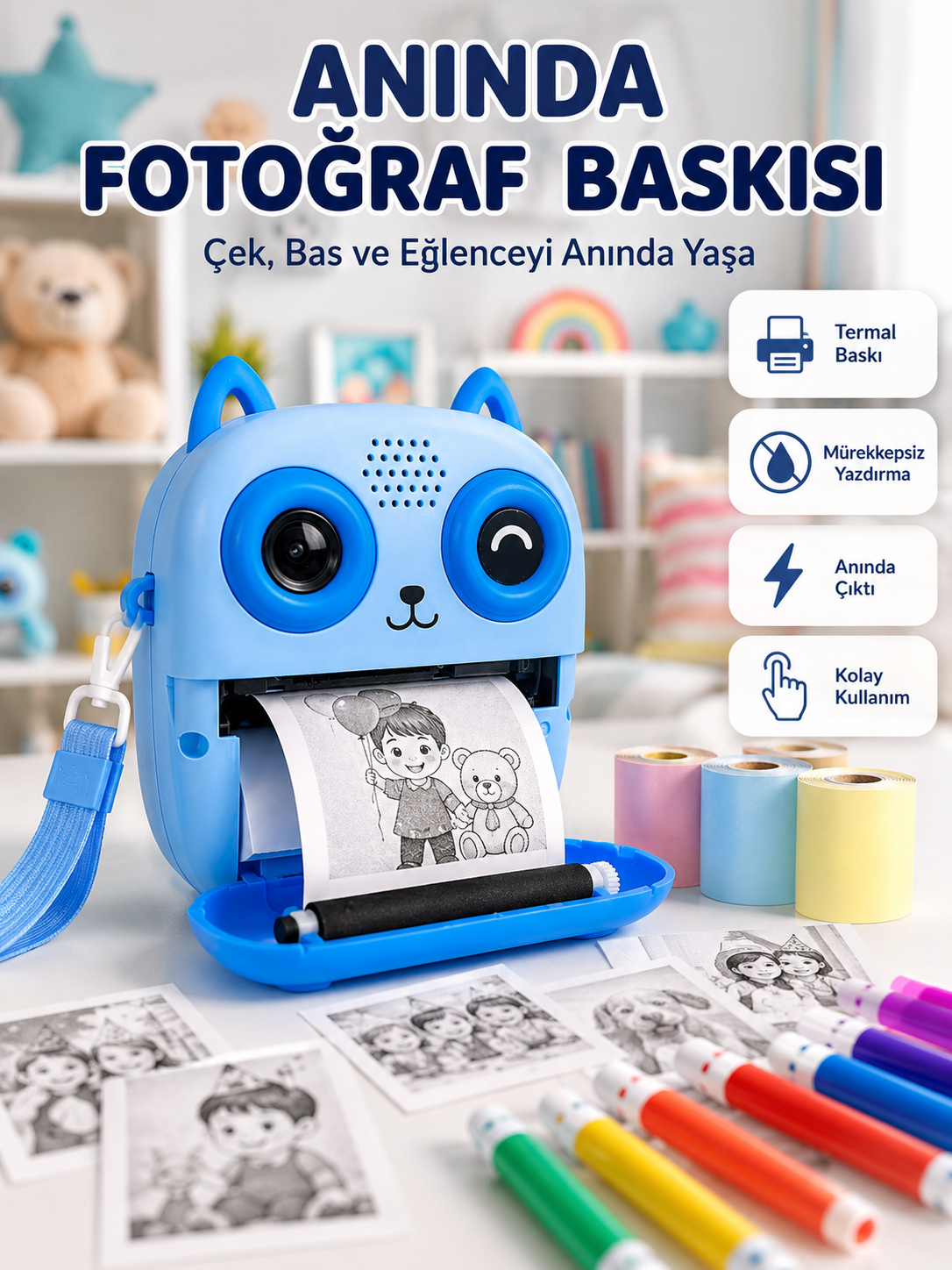 2.4'' IPS Ekranlı Çocuk Fotoğraf Makinesi HD Çekim ve Anında Baskı Keyfi - Lisinya