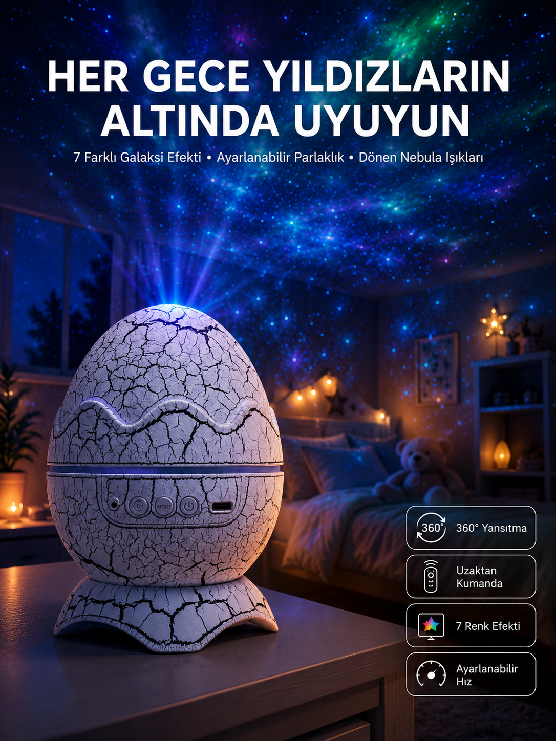Yumurta Görünümlü Masa ve Gece Lambası Renk Değiştirebilen Projektör - Lisinya