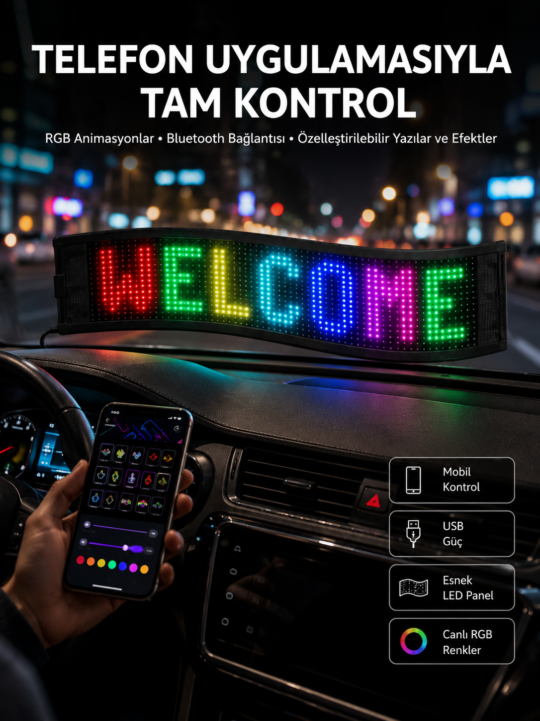 Matrix Led Cama Yapışan Telefon Kontrollü Panel Dijital Ekran Kumandalı - Lisinya