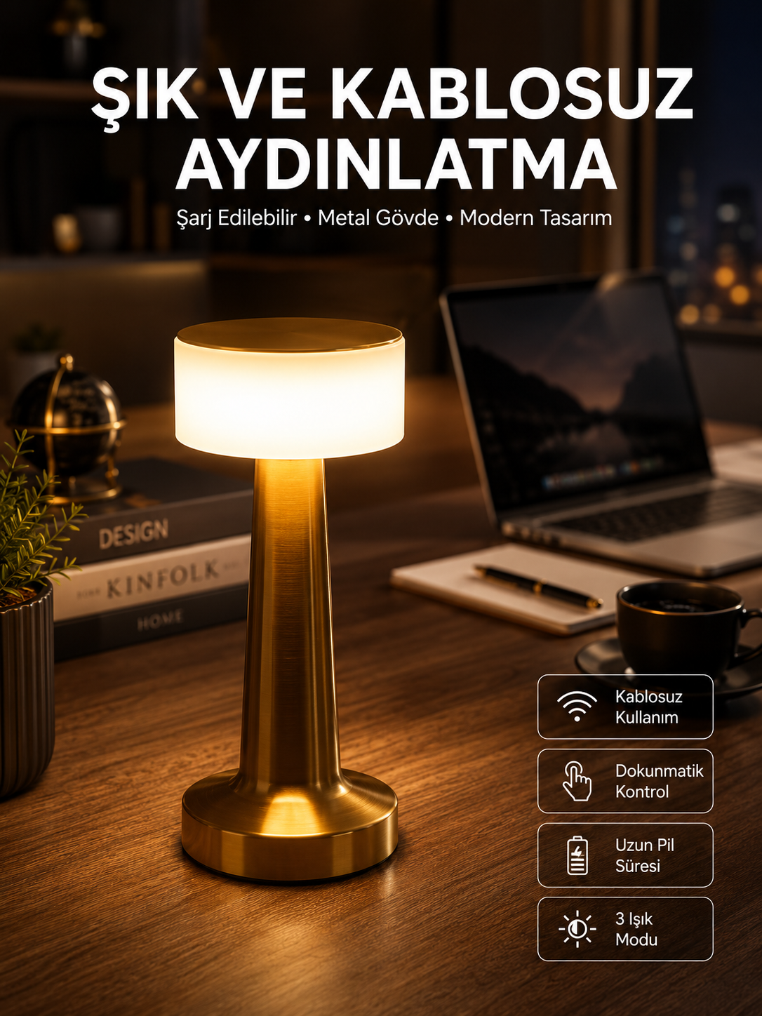 Altın Rengi Masa ve Gece Lambası Dokunmatik Şarjlı Masa Lambası - Lisinya Altın Rengi Masa ve Gece Lambası Dokunmatik Şarjlı Masa Lambası - Lisinya