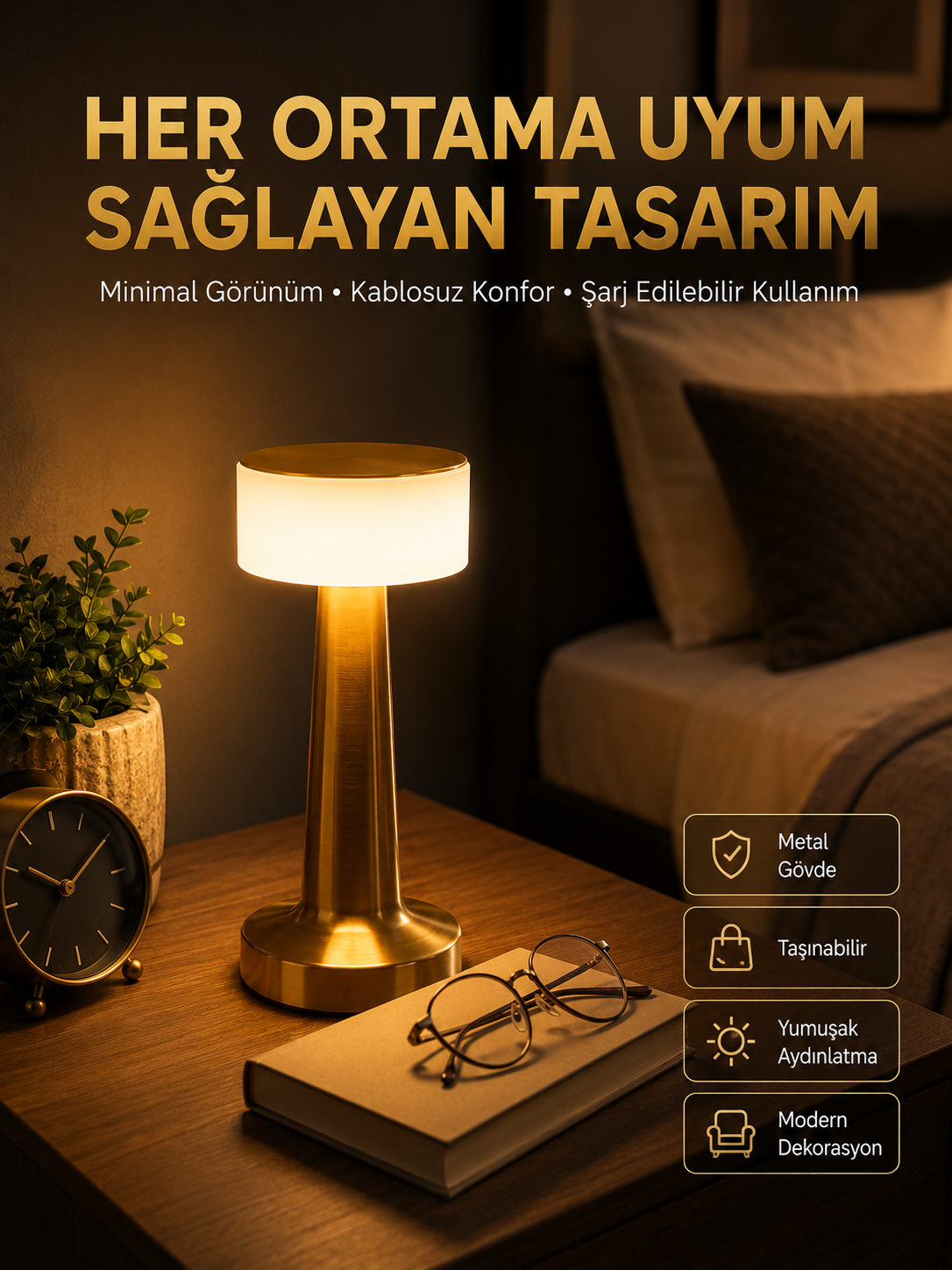 Kablosuz Renkli Masa ve Gece Lambası Altın Rengi Dokunmatik Led Lamba - Lisinya Kablosuz Renkli Masa ve Gece Lambası Altın Rengi Dokunmatik Led Lamba - Lisinya