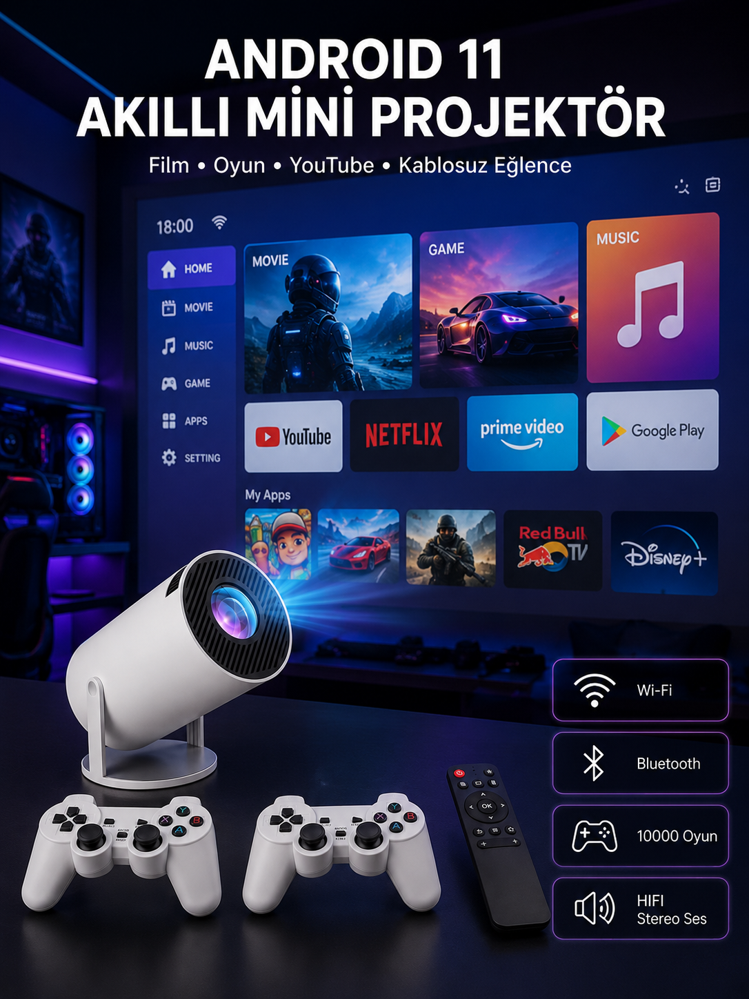 Full HD 8 GB Ayaklı Çift Kollu 4K Video Oyun Konsolu Taşınabilir Yeni Nesil - Lisinya