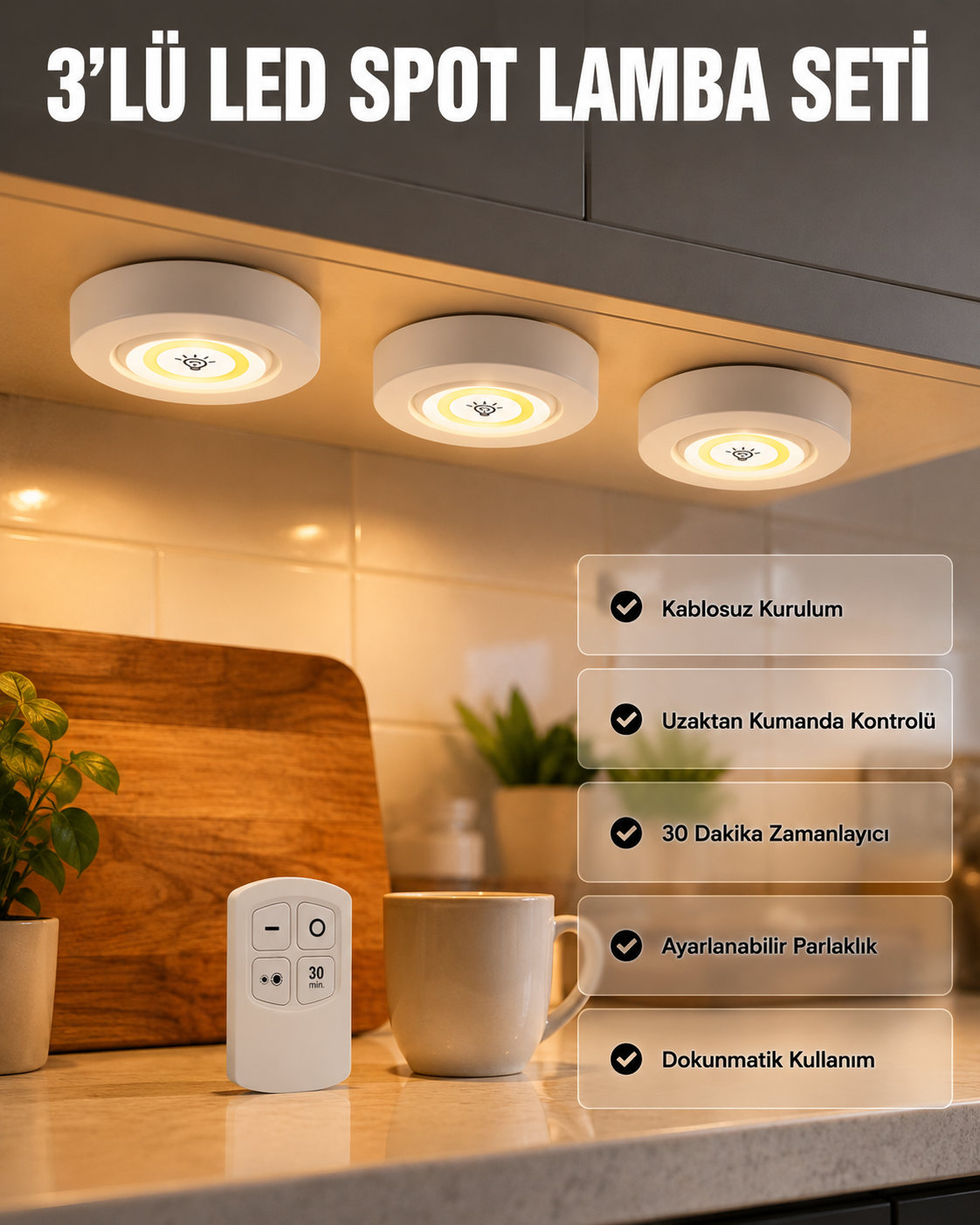 Kablosuz 3 Lü Spot Led Lamba Seti Uzaktan Kumandalı Enerji Tasarruflu Aydınlatma - Lisinya