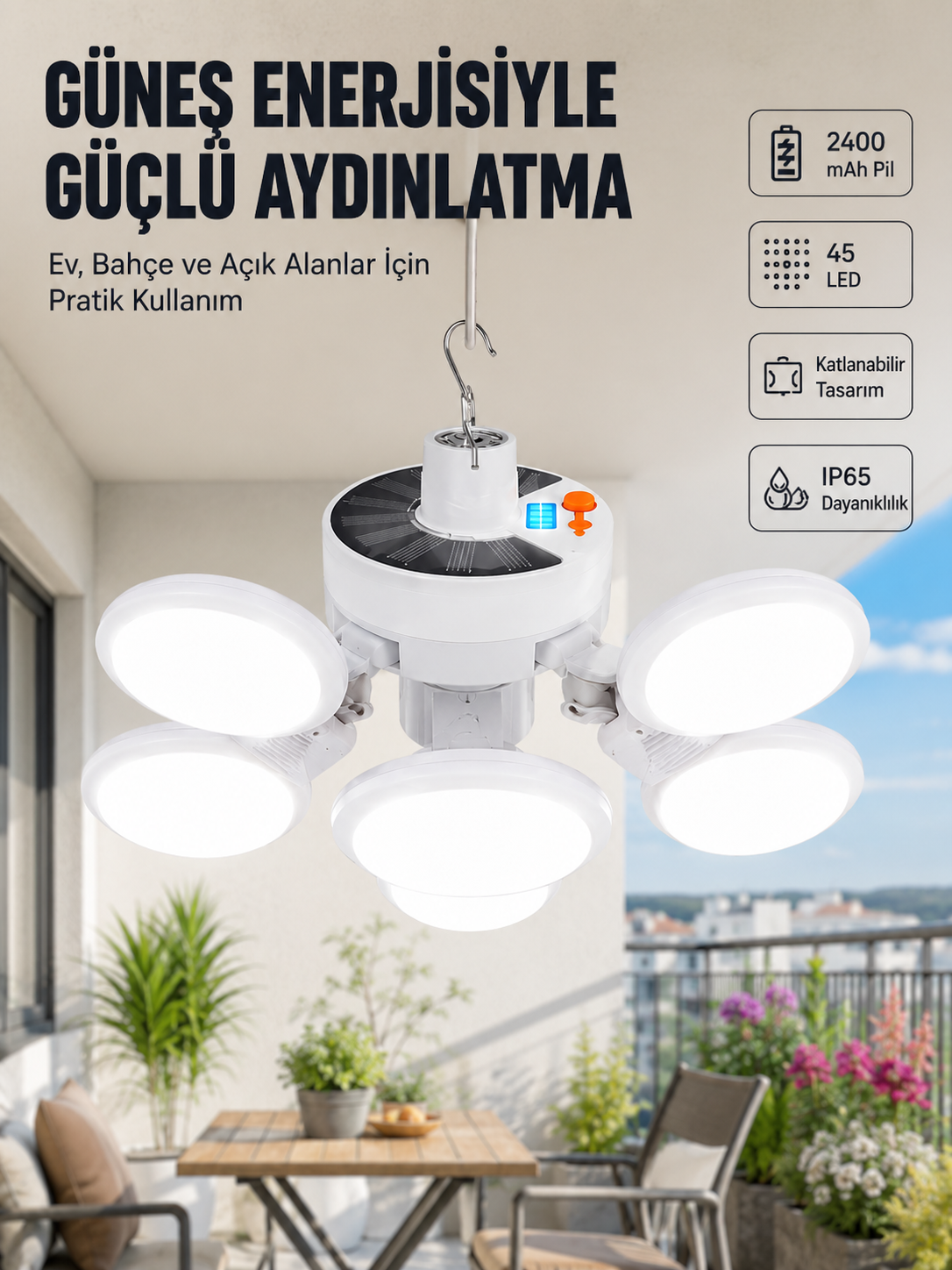 Güneş Enerjili Katlanabilir 5 Kanatlı Solar Bahçe Lambası - Lisinya